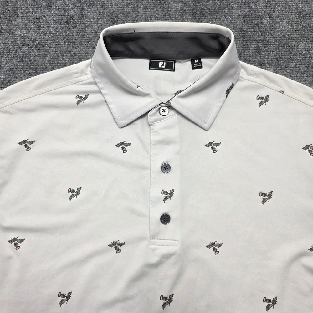 FootJoy Men's Medium ProDry Thistle‎ Print Golf White Polo Shirt Short Sleeve